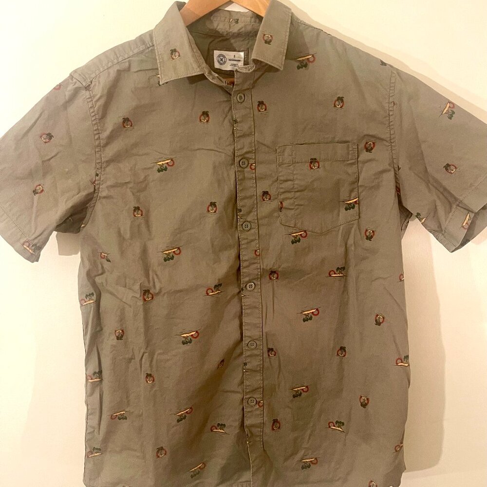 Hurley, Small Mens Palm Tree/Olive Green Short Sleeve Button Up